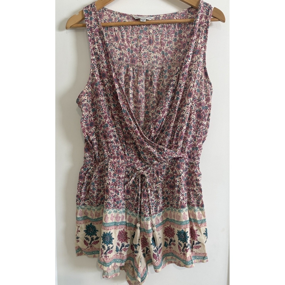 AE Boho Floral Border Print Romper MEDIUM Pink Teal Sleeveless Festival V-Neck